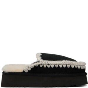 MOU Black Suede Full Stitch Platform Slippers IT39
